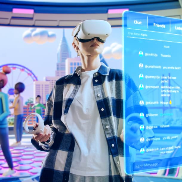 A woman wearing virtual reality glasses enjoys an immersive experience at an amusement park.
