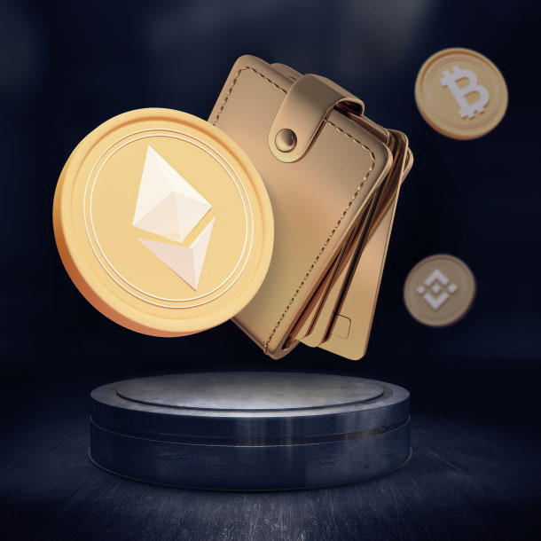 A digital representation of an Ethereum wallet alongside an Ethereum coin, symbolizing cryptocurrency storage and transactions.