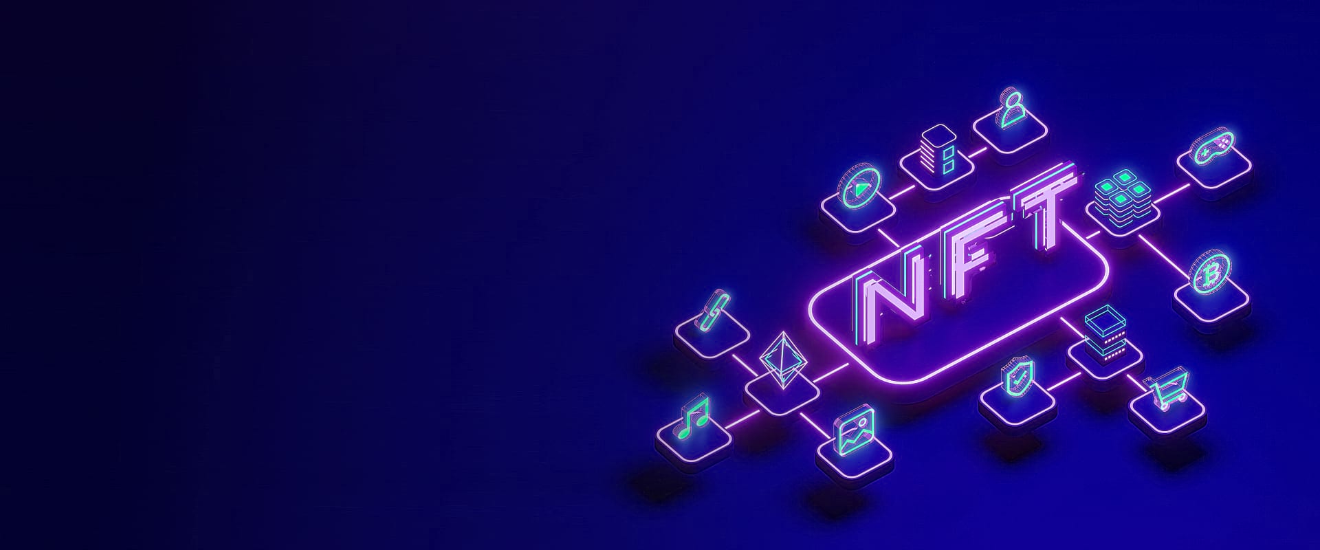 Neon sign displaying the letters "NFT" in bright colors against a dark background.