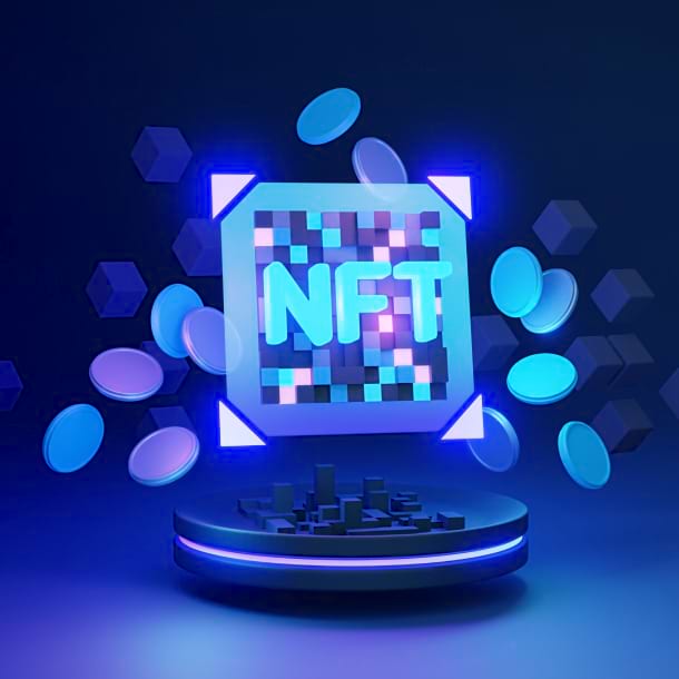 NFT logo surrounded by various coins, symbolizing digital currency and blockchain technology.